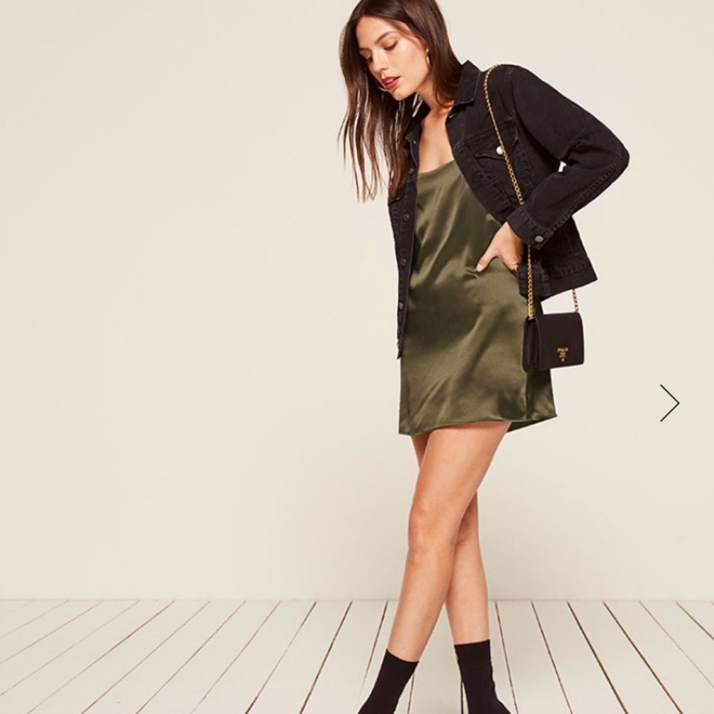 Army green silk mini dress